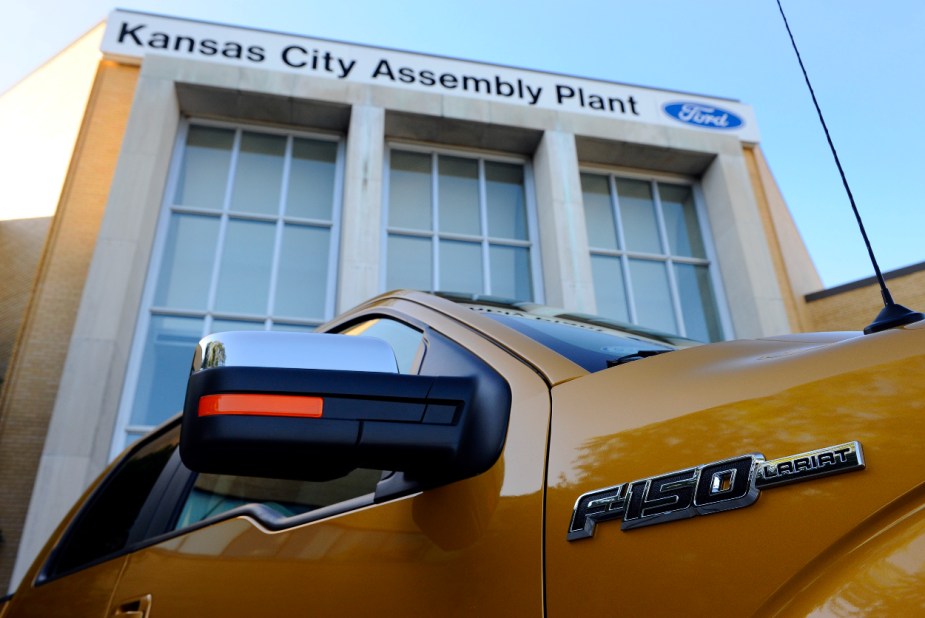 A sideview of the 2009 Ford F-150 sits in-front of Ford's Kansas City Assembly plant as a full-size truck.