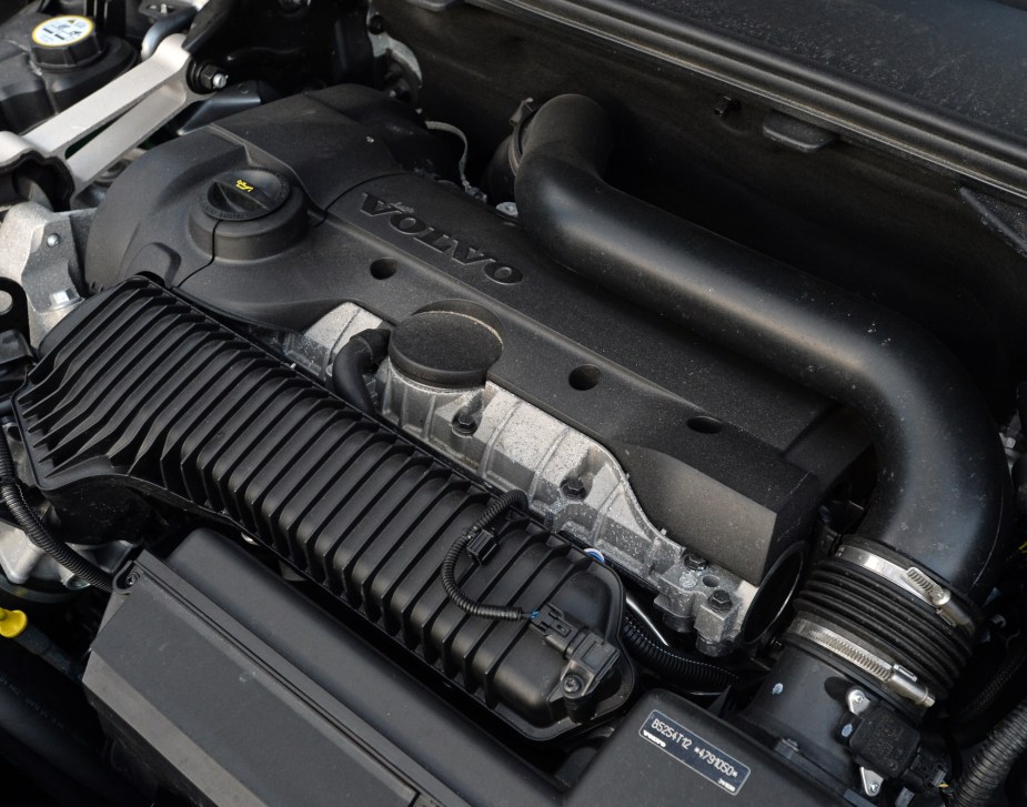 The black-covered turbocharged five-cylinder car engine in a 2016 Volvo S60 Cross Country