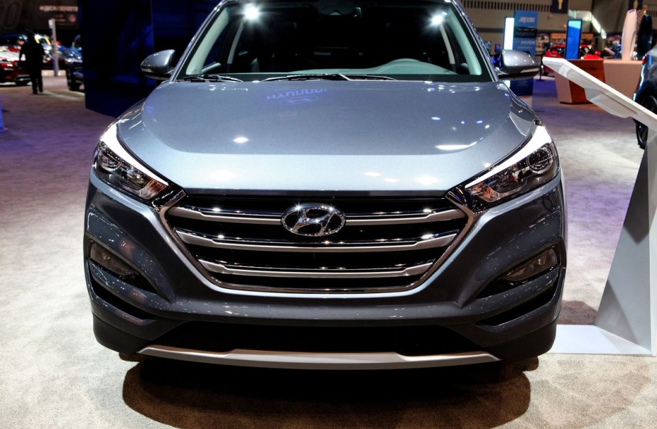 Front view of a 2017 Hyundai Tucson on display