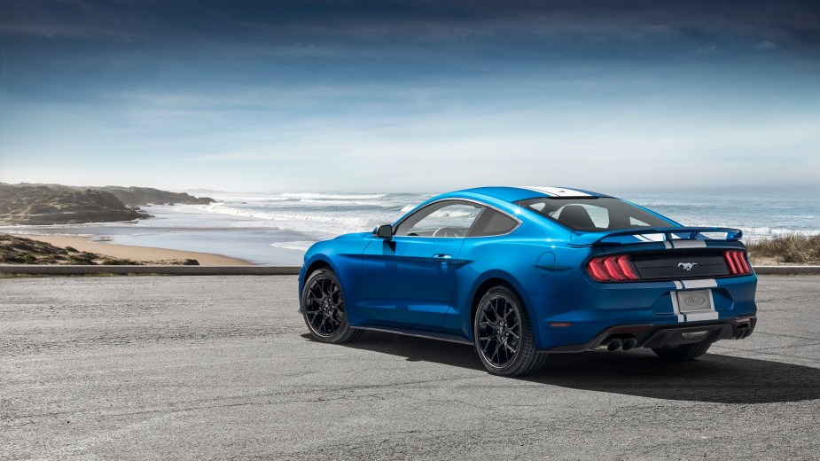 The Ford Mustang EcoBoost, like this blue example, gets commendable mpg.