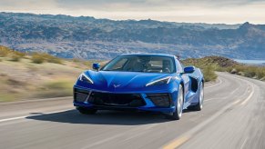 A blue 2020 Chevrolet Corvette driving