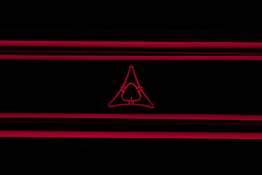 Closeup of the illuminated Fratzog logo of the Charger Daytona SRT EV concept car.