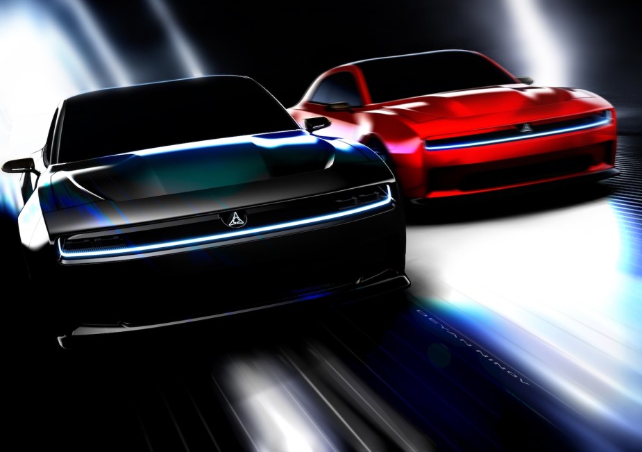 Drawing of two Dodge eMuscle Charger cars racing.