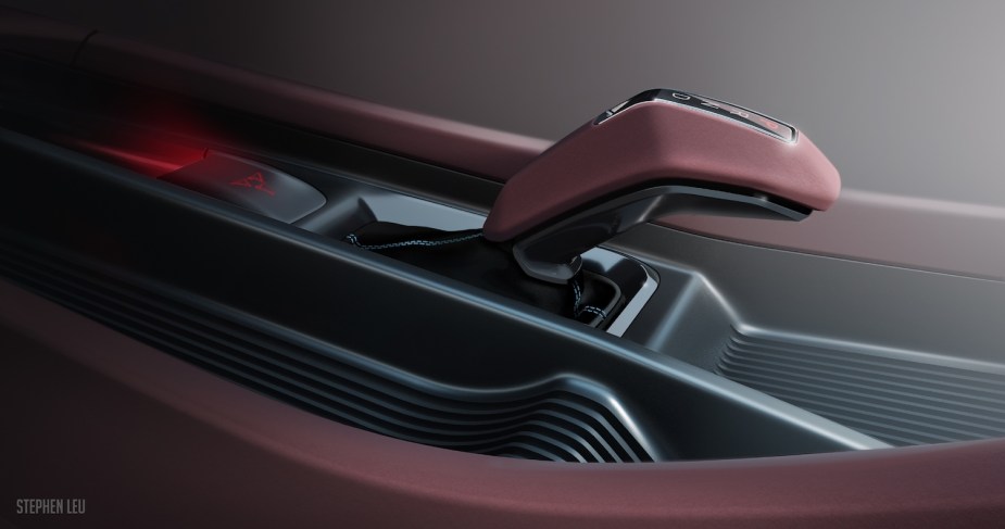 Closeup of the pistol grip shifter in the new Dodge Charger Daytona SRT EV.