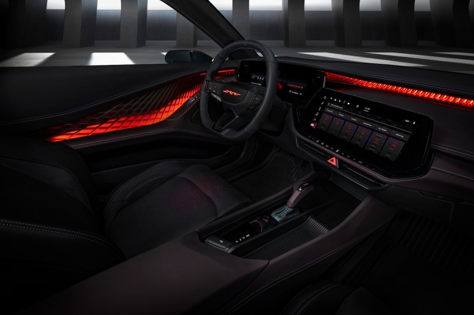 Interior of the new Dodge Charger Daytona SRT EV with eRupt manual shift lever.