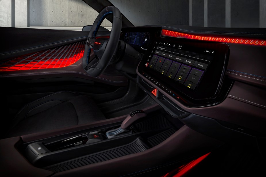 The interior of the new Dodge Charger Daytona SRT EV with its pistol-grip eRupt manual transmission shifter.