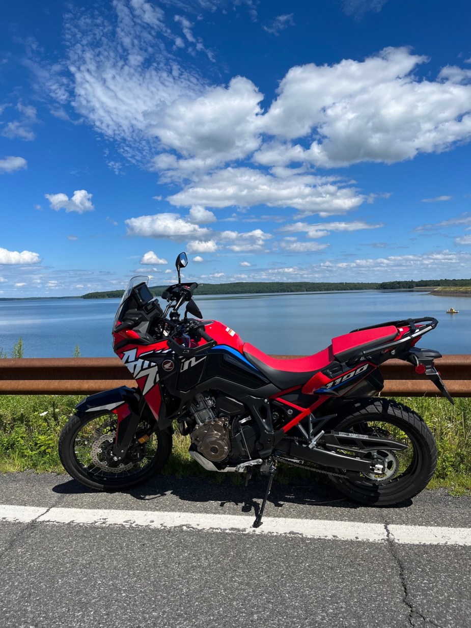 2022 Honda Africa Twin in front of a lake