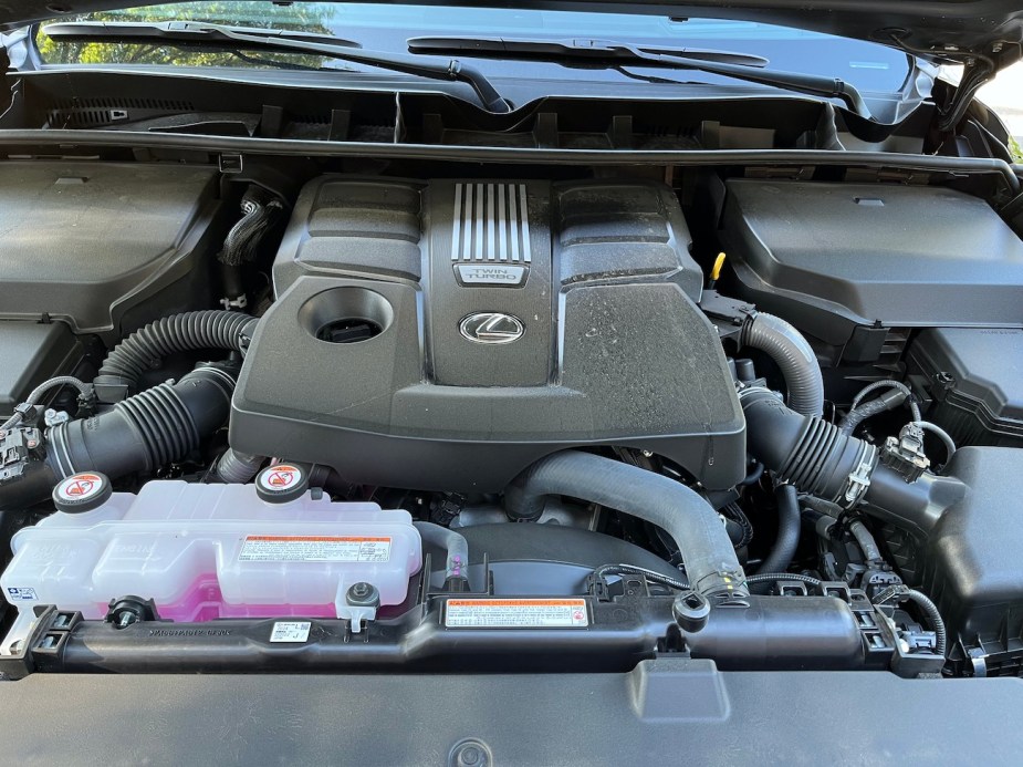 A view of the twin-turbo V6 engine found in the LX 600.