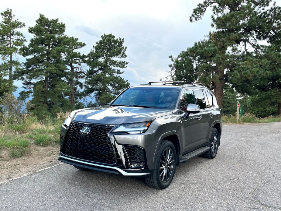 The front corner view of the 2022 Lexus LX 600 F Sport.