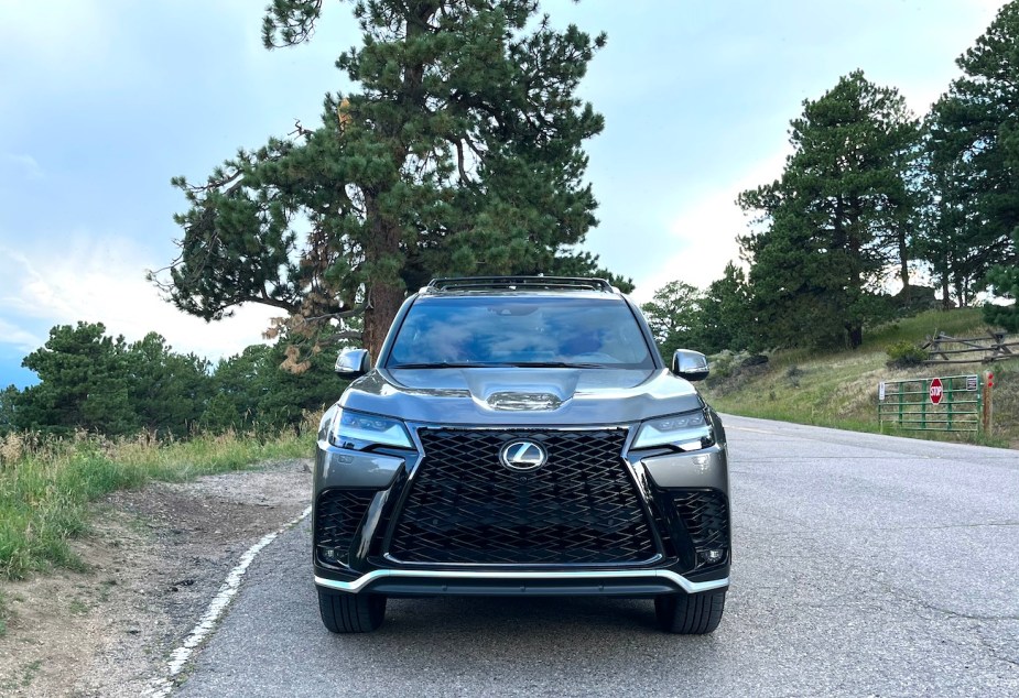 The front view of the Lexus LX 600 with its F Sport spindle grille.