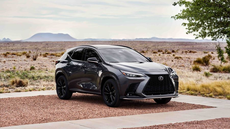 A 2022 Lexus NX luxury compact SUV model parked near a paved walkway in a desert plain