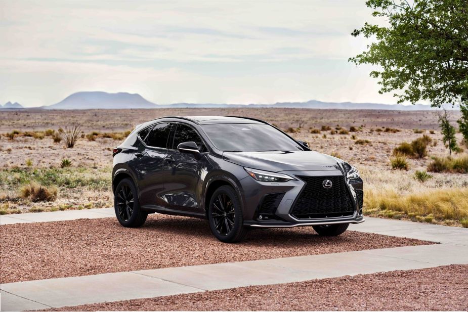 A 2022 Lexus NX luxury compact SUV model parked near a paved walkway in a desert plain