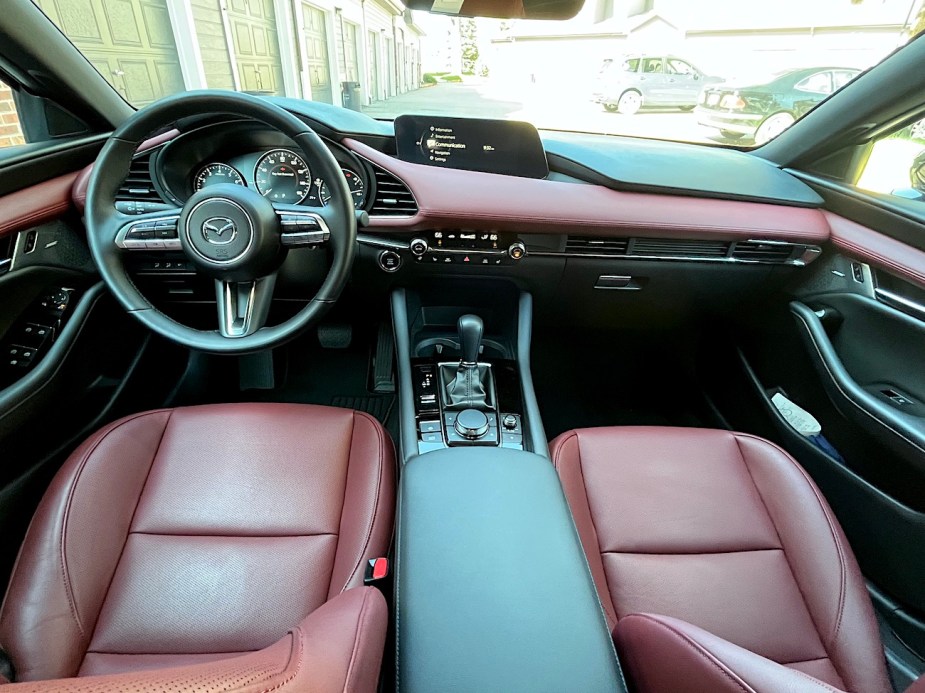 A front view of the two-toned seats in the Mazda3 Turbo.