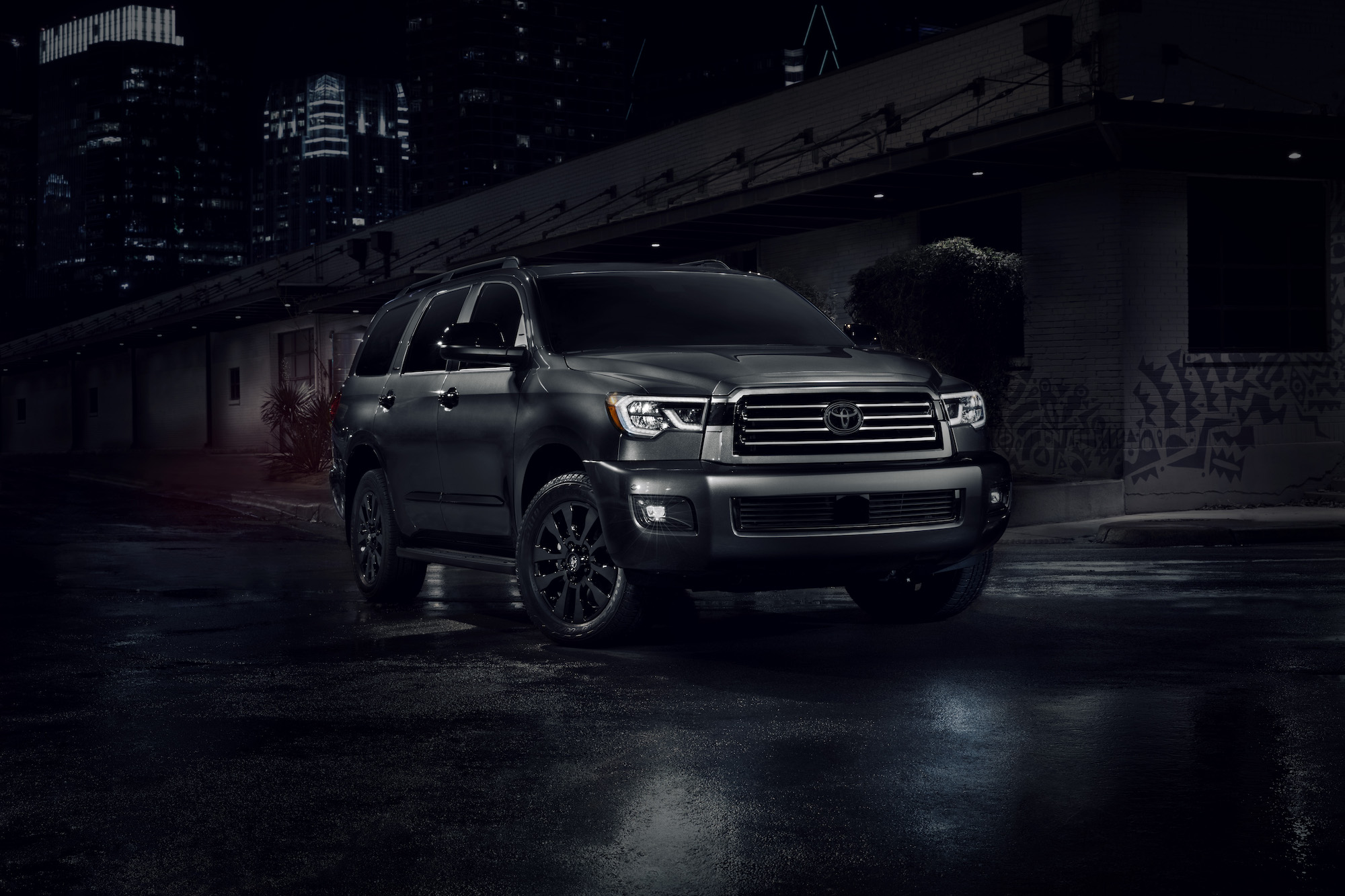 A dark colored 2022 Toyota Sequoia parked outdoors.