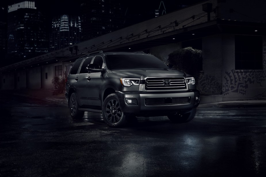A dark colored 2022 Toyota Sequoia parked outdoors. Most popular trim level, TRD Pro, is not recommended.