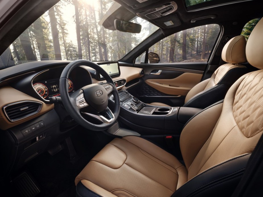 The interior of the 2022 Hyundai Santa Fe can be trimmed in perforated leather on the heated and ventilated front seats. 