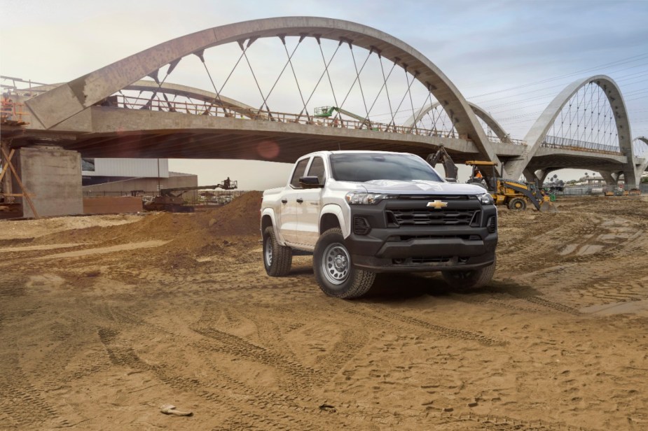 Front view of the 2023 Chevrolet Colorado Work Truck at construction site.