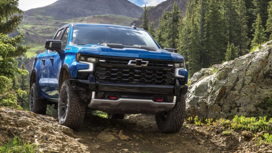 A Blue 2023 Chevrolet Silverado ZR2 out on the trails