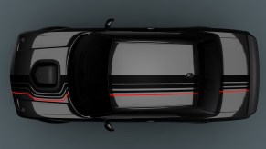 The 2023 Dodge Challenger Shakedown features stripes that bracket the Last Call Challenger Shaker hood.