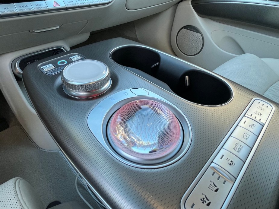The 2023 Genesis GV60's shifter flips to a crystal ball when shut off.