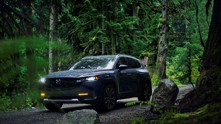 A 2023 Mazda CX-50 parked on a dirt trail within a deep green forest