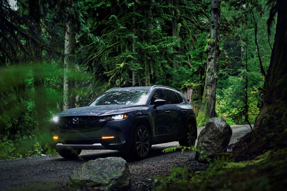 A 2023 Mazda CX-50 parked on a dirt trail within a deep green forest. Mazda compact SUV is recommended by Consumer Reports.