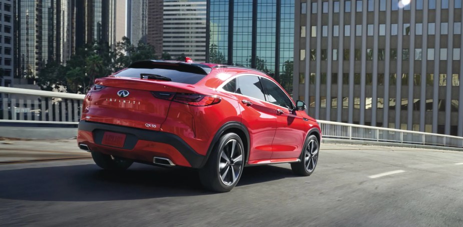 A 2023 Infiniti QX55 in red driving. What's new for the next model year?