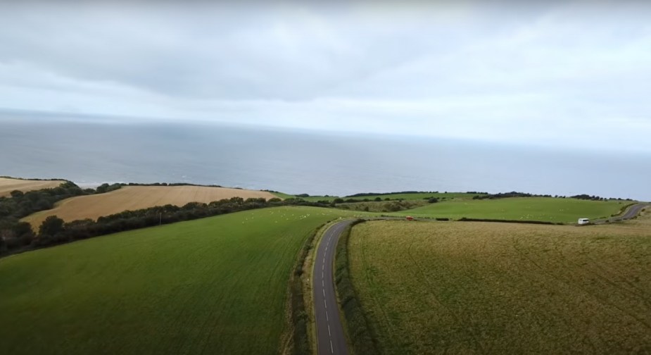 Aerial view of optical illusion Electric Brae gravity hill in South Ayrshire, Scotland
