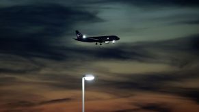 Airplane lights at dusk