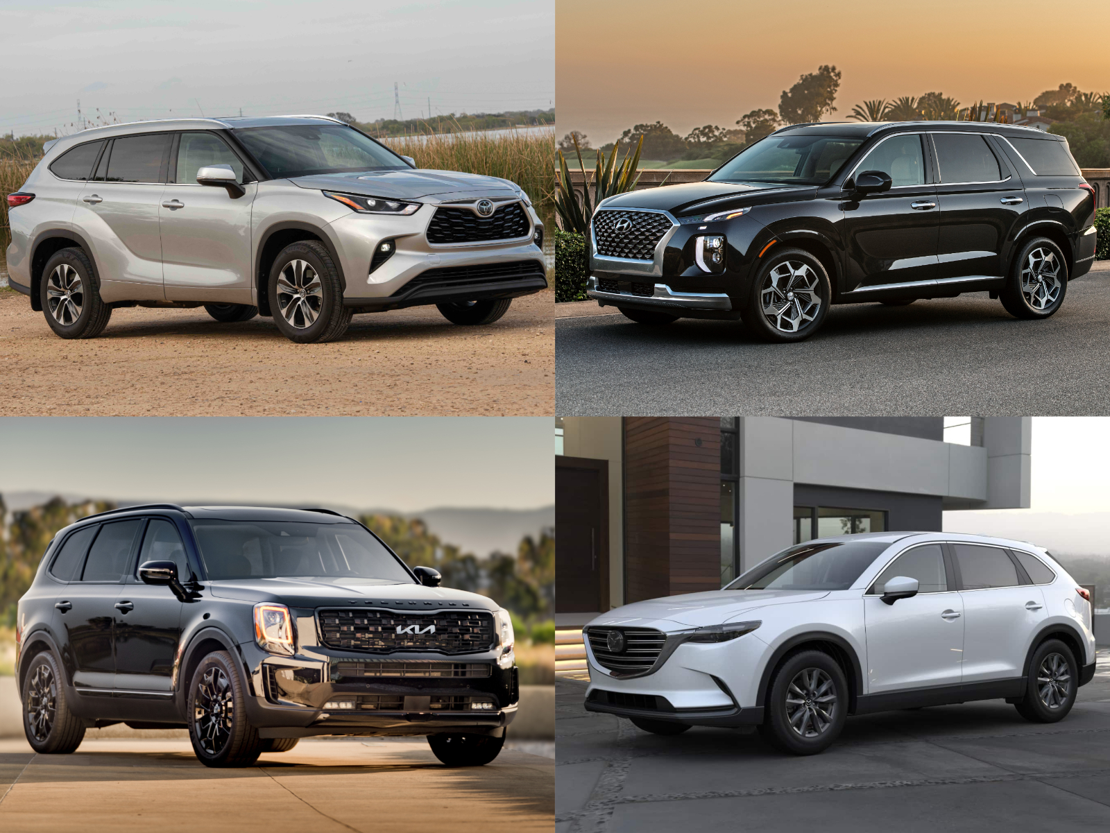 Safe new SUV alternatives to the 2022 Toyota Highlander are pictured here from Hyundai, Kia, and Mazda