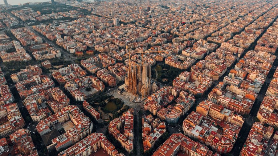 Birds-eye view of the uniquely shaped blocks of Barcelona Spain and their octagonal intersections.