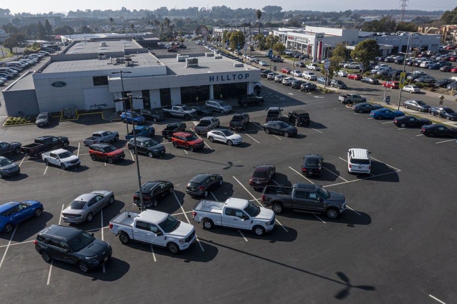 Birds-eye-view of a Ford dealership with a limited new vehicle inventroy because of the semiconductor microchip shortage.