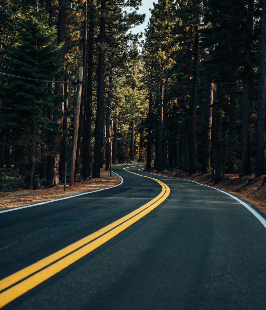 The road curves through the woods near Lake Tahoe, highlighting how a car is the best place for difficult conversations