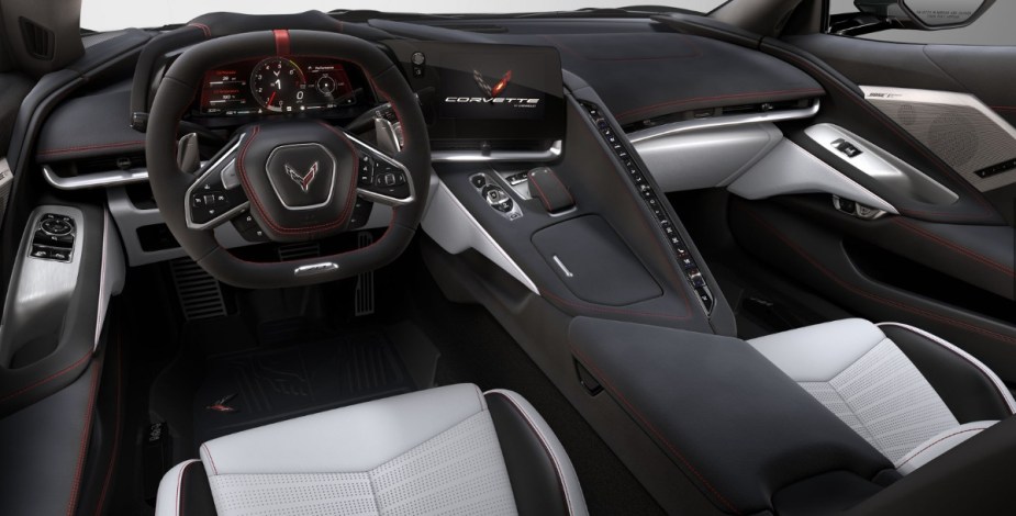 Dashboard and front seats in fully loaded new 2023 Chevy Corvette Stingray 70th Anniversary, showing how much it costs