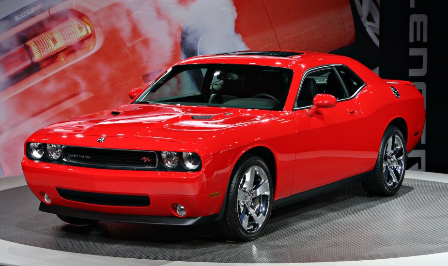 A Dodge Challenger R/T sits on stage during a media preview of the 2008 New York International Auto Show.