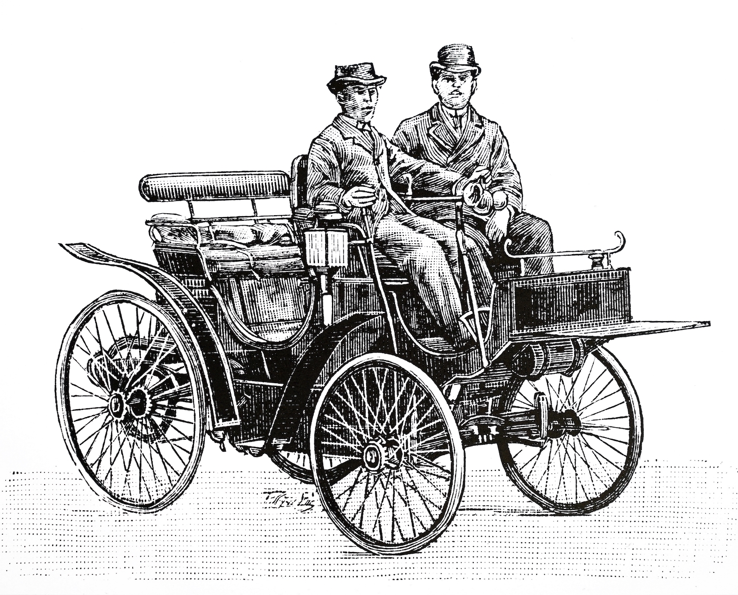 A black and white print of a very early Peugeot horseless carriage carrying a driver and a passnter.