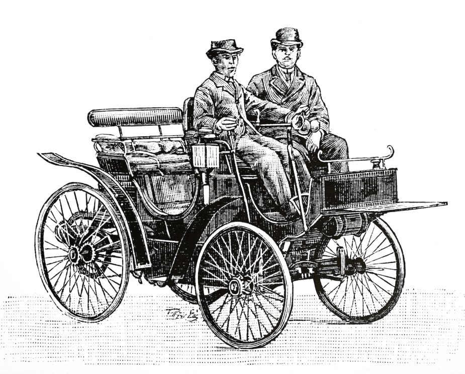 An illustration of two men on one of Armand Peugeot's first cars.
