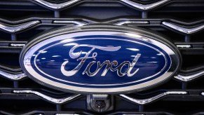 A Ford logo, makers of the 2023 Ford Fusion Active.
