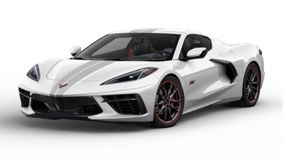 Front angle view of Chevy Corvette Stingray 70th Anniversary Edition 2023 in Tri-coat White Pearl Metallic hue