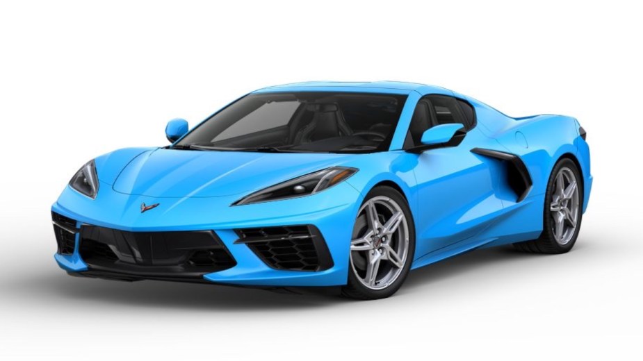 Front angle view of 2023 Chevy Corvette Stingray sports car with Rapid Blue exterior paint color option