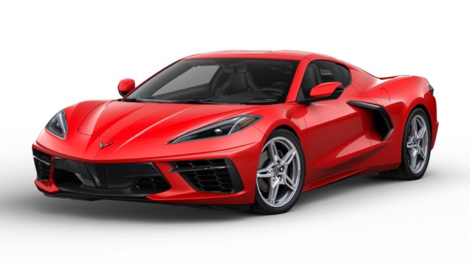 Front angle view of 2023 Chevy Corvette Stingray sports car with Red Mist Metallic Tintcoat exterior paint color option
