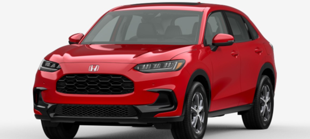 Front angle view of 2023 Honda HR-V crossover SUV with Milano Red exterior paint color option