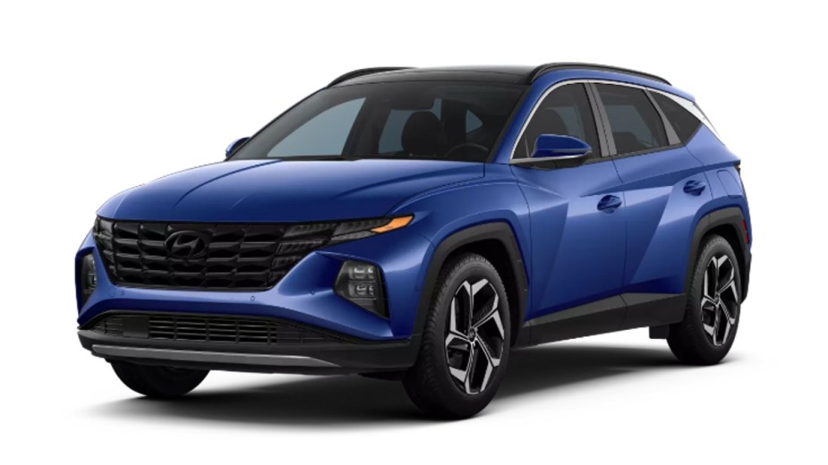 Front angle view of 2023 Hyundai Tucson crossover SUV with Intense Blue exterior paint color option