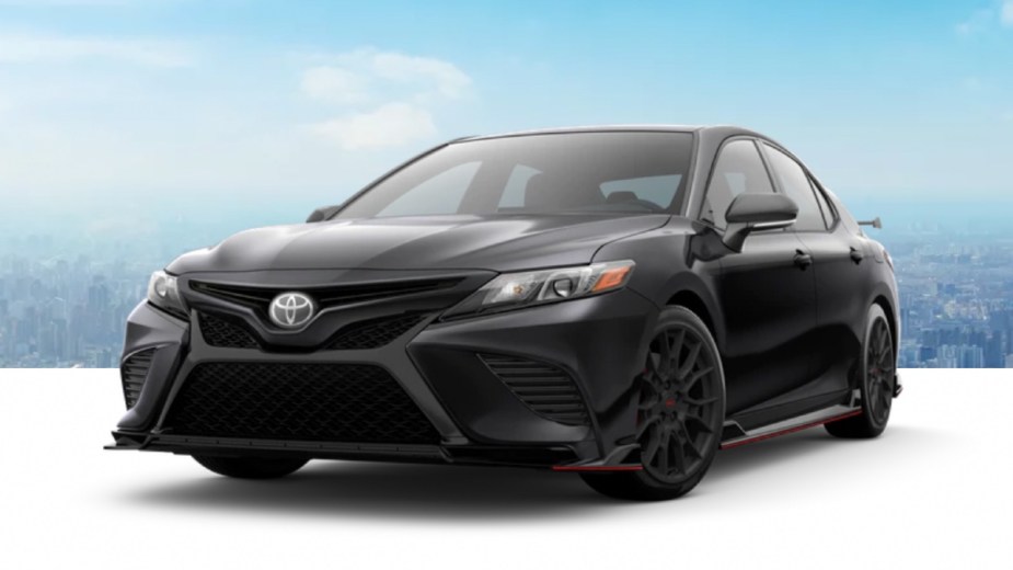 Front angle view of 2023 Toyota Camry with Midnight Black Metallic exterior paint color option