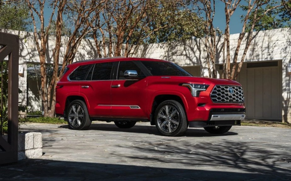 Front angle view of Supersonic Red 2023 Toyota Sequoia