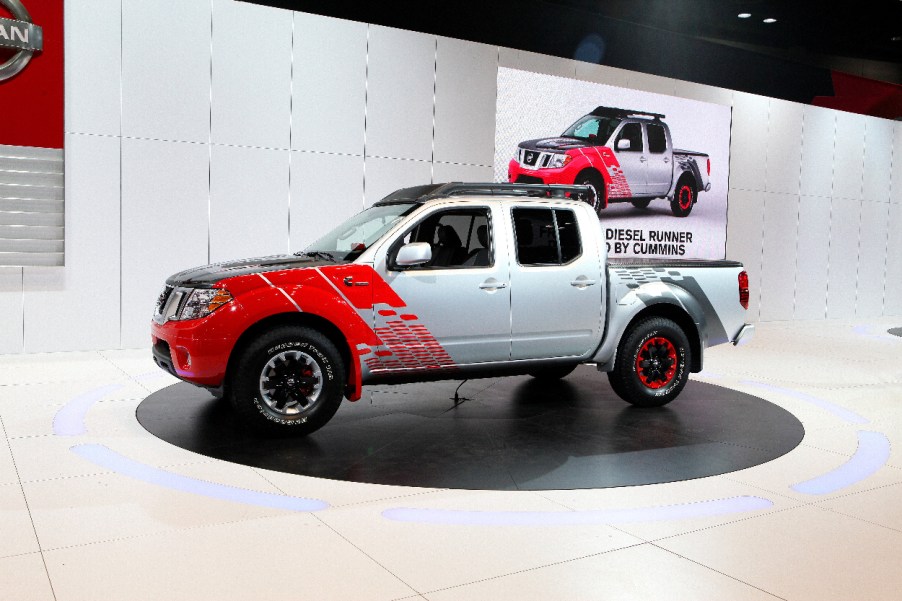A second generation Nissan Frontier sits on display.