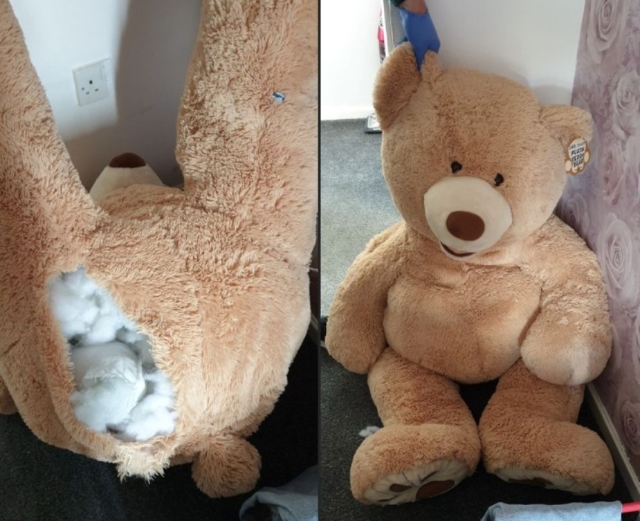 Giant teddy bear where car thief was hiding, as shown by the Greater Manchester Police