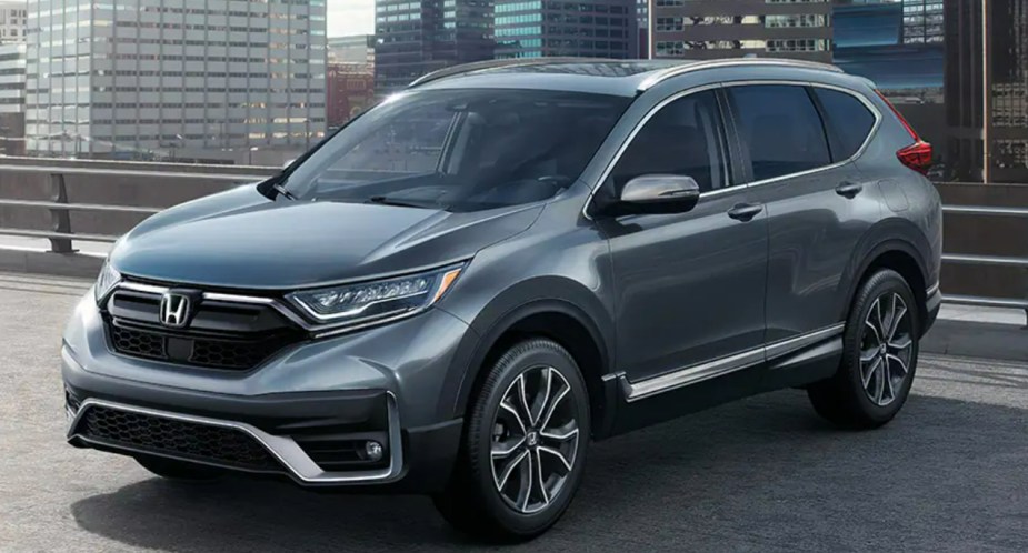 A gray 2022 Honda CR-V small SUV is parked on a roof.