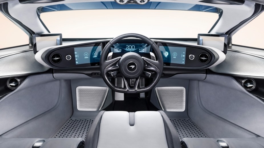 Interior of McLaren Speedtail, which has a driver's seat in the middle of the car