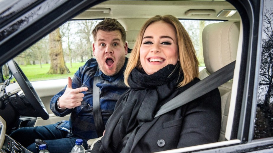 James Cordon and Adele in an SUV for Carpool Karaoke, highlighting how singing in a car is good for your health